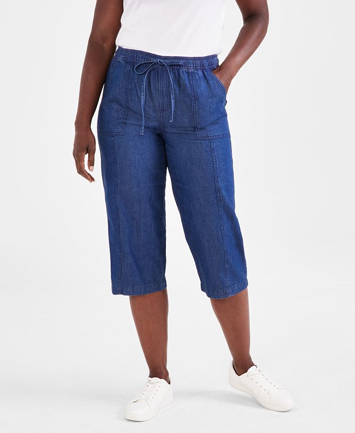 Susanny Women's Cropped Lightweight Casual Summer Pull on Capris Petite  Loose Gym Crop Pants Drawstring Athletic Capri Pants Blue XL