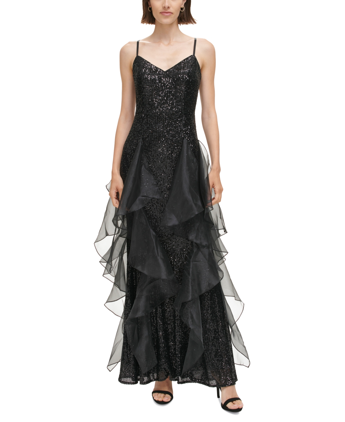 Eliza J Women's V-neck Cascading-ruffle Sequined Gown In Black