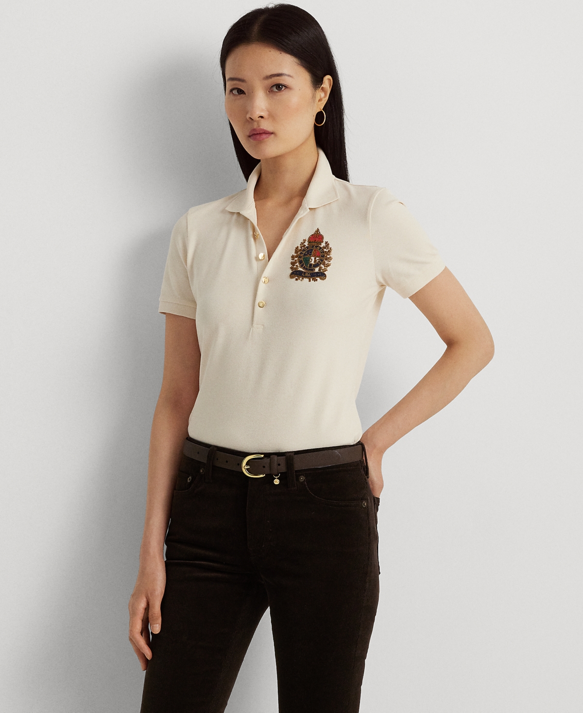 Lauren Ralph Lauren Women's Beaded-crest Pique Polo Shirt In Mascarpone Cream