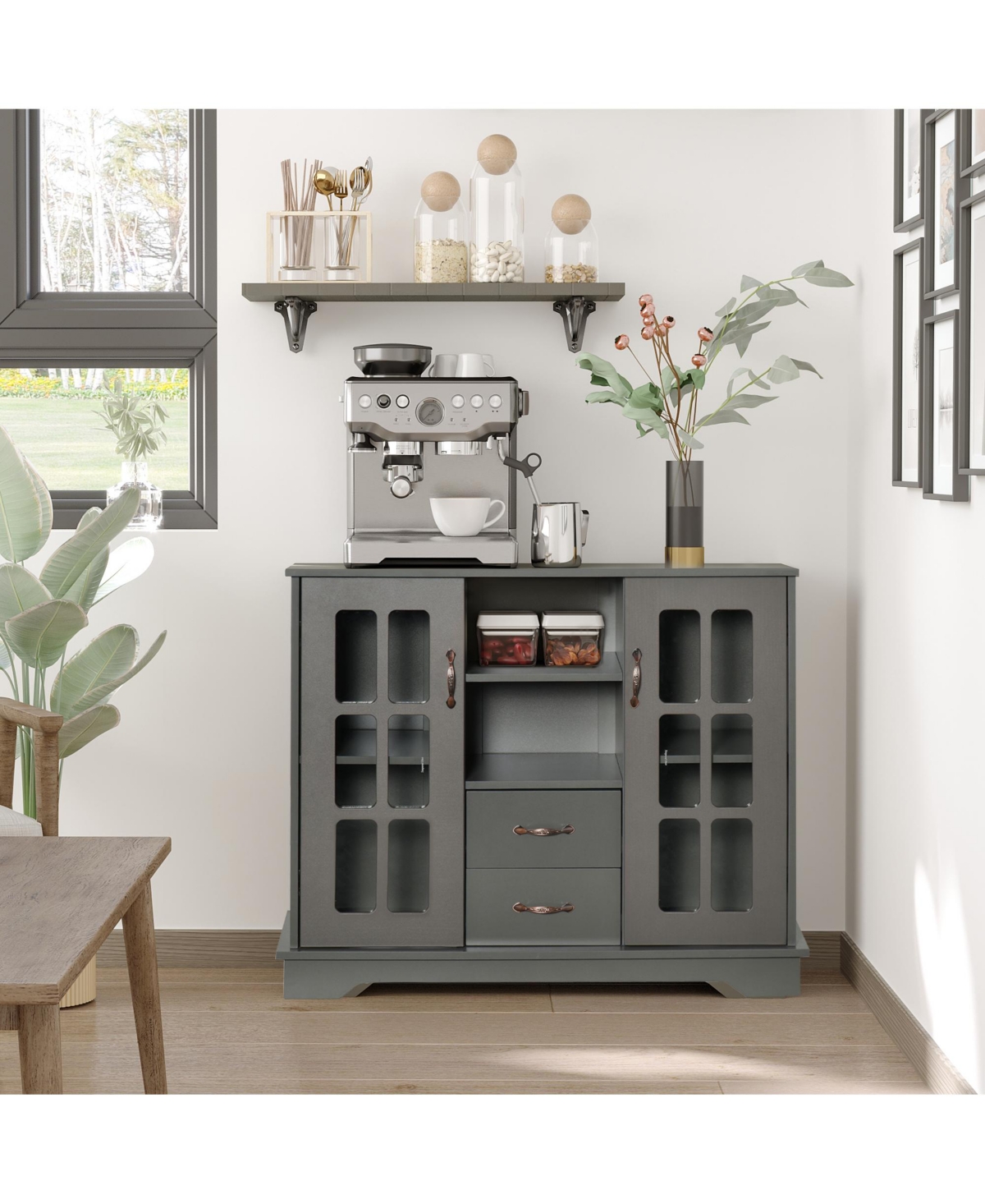 Homcom Sideboard Buffet Cabinet, Kitchen Cabinet, Coffee Bar Cabinet with 2 Framed Glass Doors, 2 Drawers and 2 Open Shelves for Living Room, Gray - G
