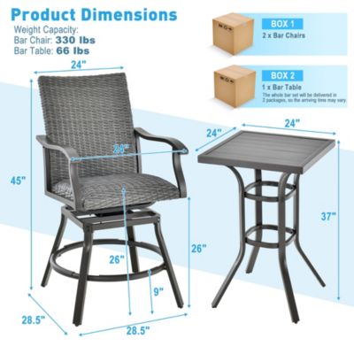 3PCS Patio Rattan Bar Table Stools Set Aluminum 360° Swivel Chairs with Padded Seat