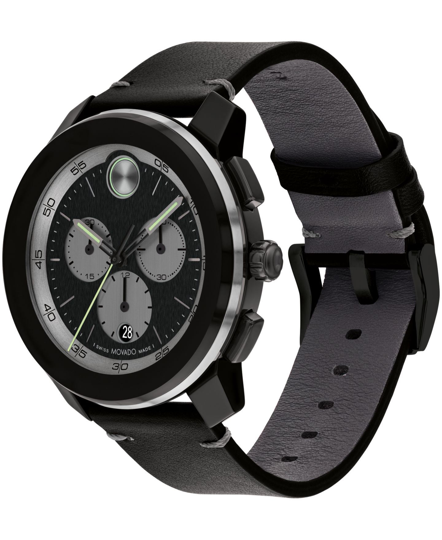 Часы Movado Bold TR90, швейцарский кварцевый хронограф, чёрный кожаный ремешок, 44 мм — фото 2