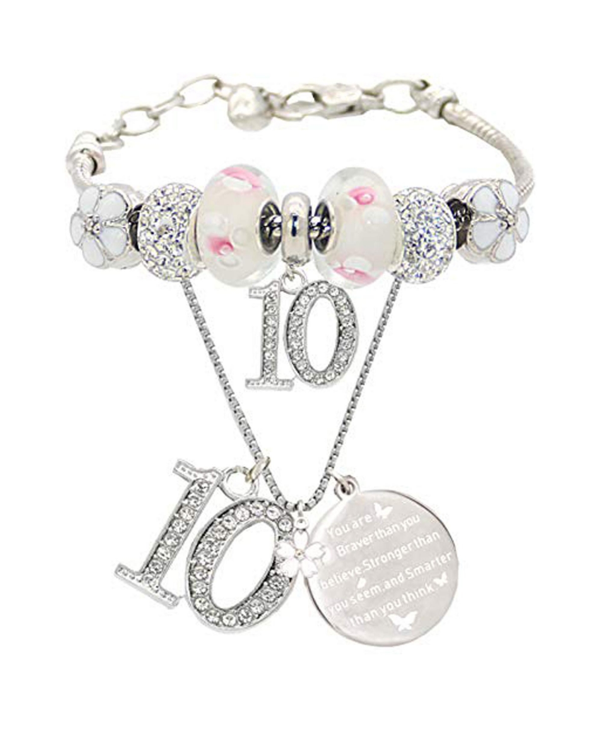 10th Birthday Gifts for Girls: Jewelry Set with Necklace and Charm Bracelet for 10-Year-Old Girl - Silver