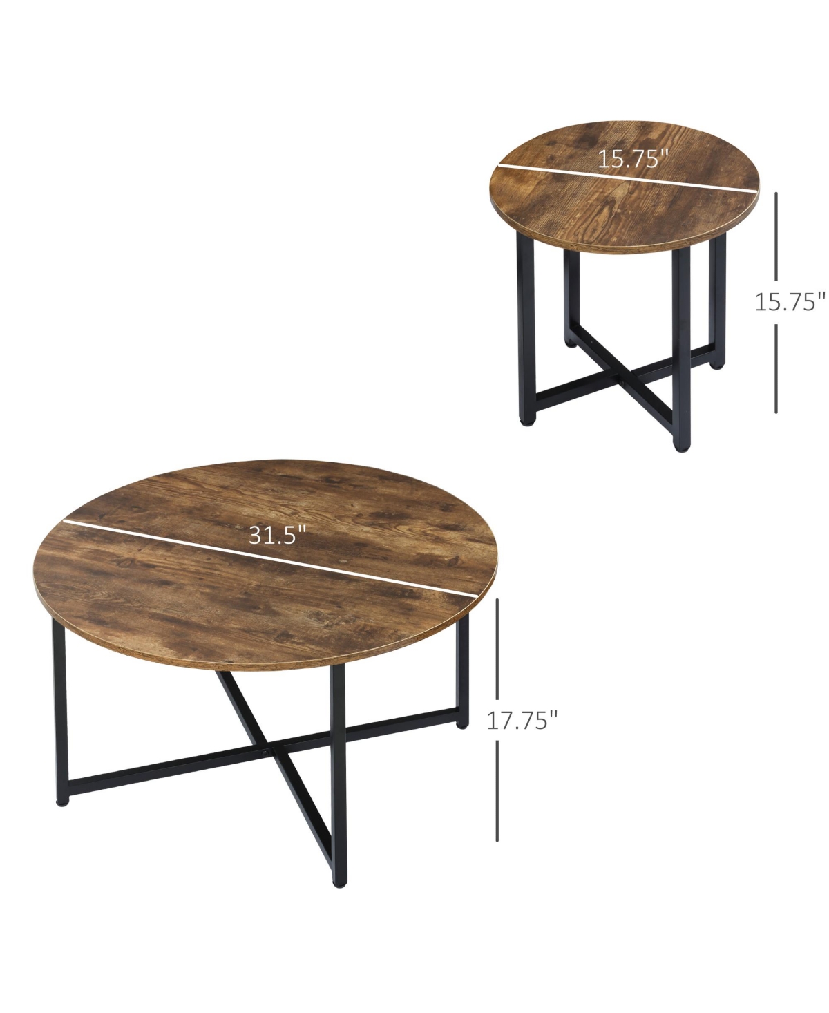 Homcom Round Coffee Table, Nesting Set of 2 with Metal Frame, Industrial Side End Table for Living Room Bedroom, Rustic- Brown