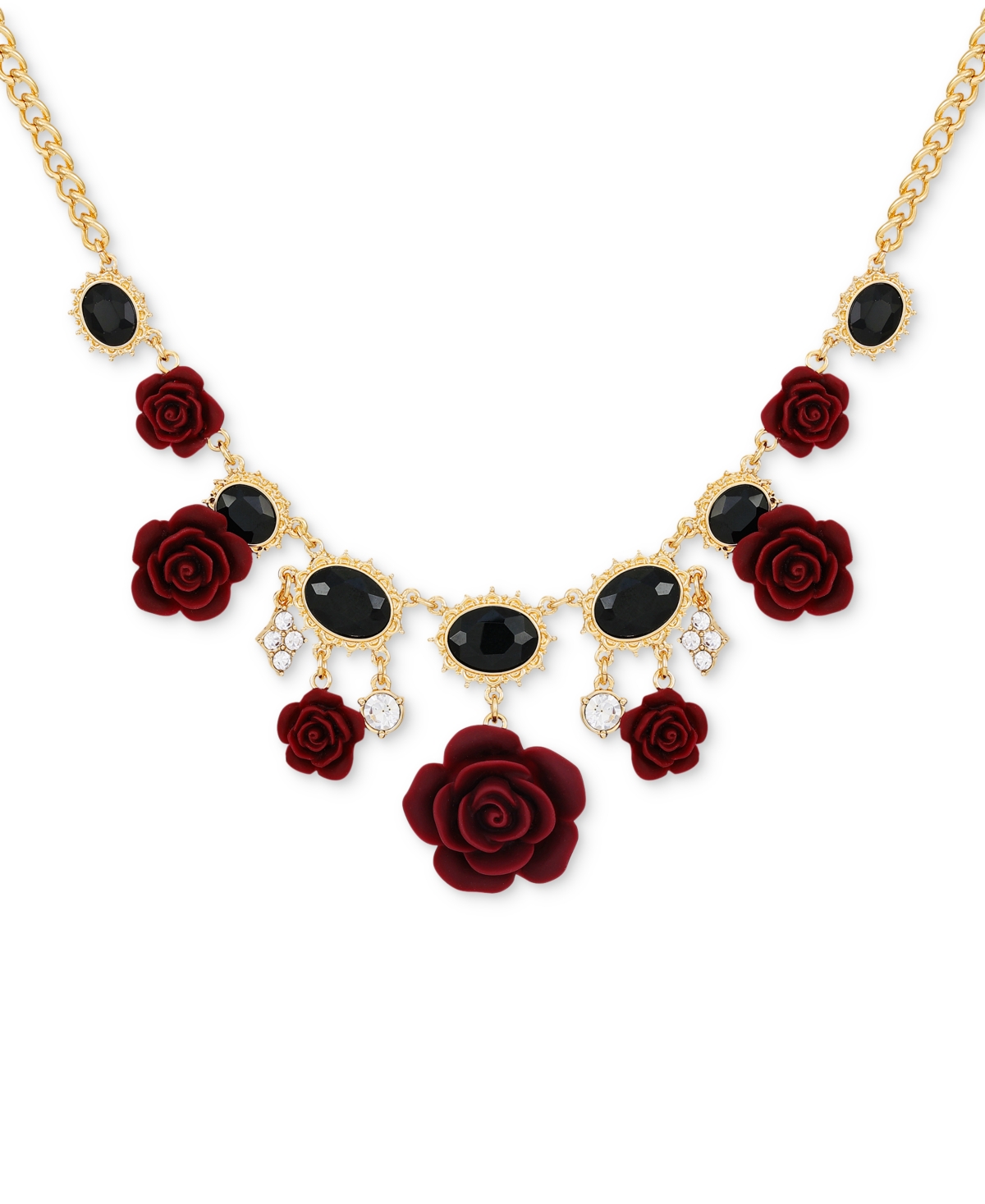 Guess Gold-tone Jet Stone & Burgundy Flower Statement Necklace, 18" + 2" Extender