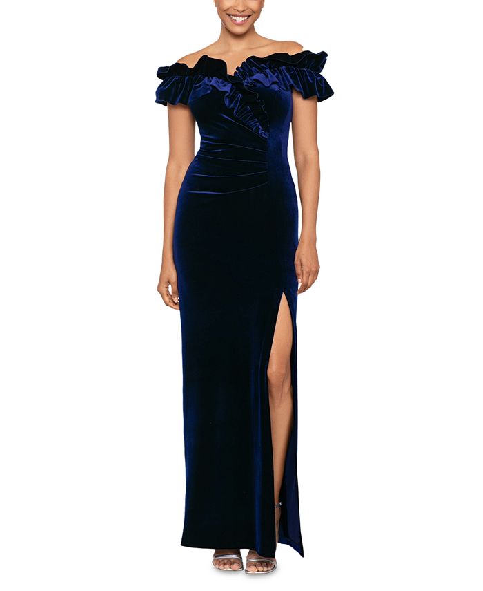 XSCAPE Women s Ruffled Off The Shoulder Velvet Gown Macy s