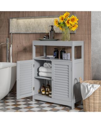 Bathroom Floor Cabinet Storage Organizer with Open Shelf & Double Shutter Door