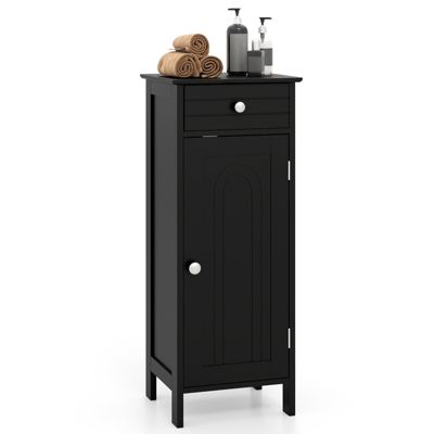 14'' x 12'' x 34.5'' (L x W x H). Bathroom Floor Cabinet Wooden Storage Organizer Free-Standing w/ Drawer & Shelf