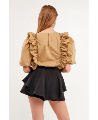 Women's Double Ruffle Poplin Puff Sleeve Blouse
