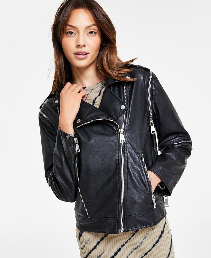 DKNY Jeans Women's Faux-Leather Zip-Detail Moto Jacket - Macy's