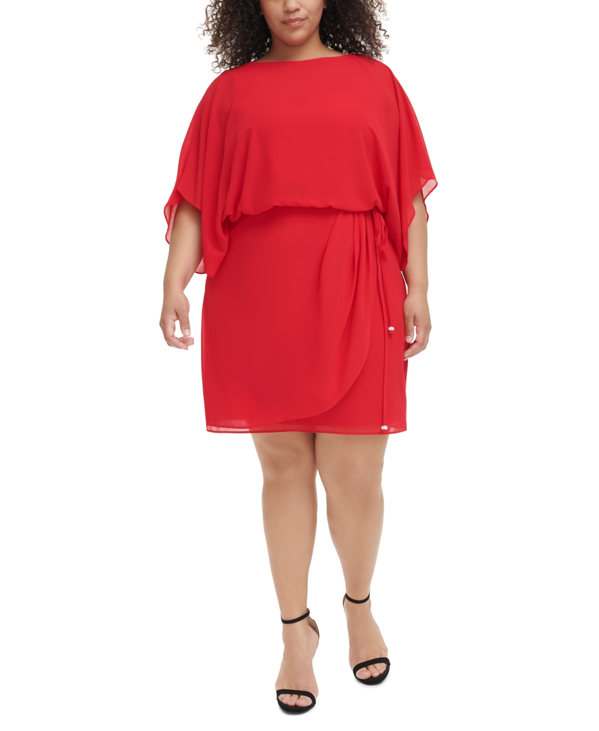 Plus Size Solid Boat-Neck Blouson Dress - Crimson