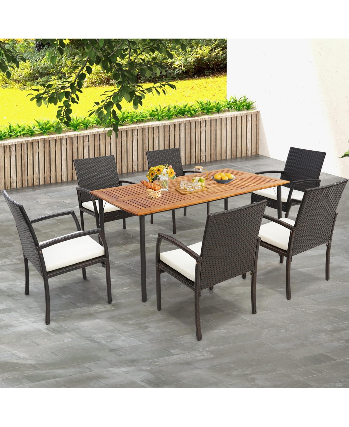 Costway Patio Rectangular Acacia Wood Dining Table with 1.9''Umbrella Hole Indoor&Outdoor