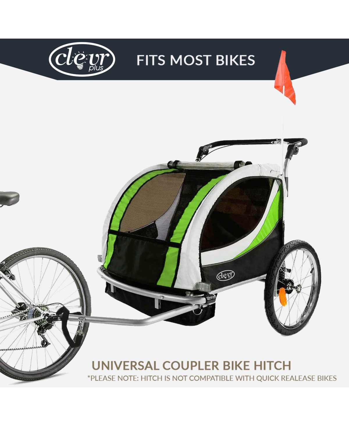 ClevrPlus Deluxe 3-in-1 Double Seat Bike Trailer Stroller Jogger for Kids,- Green