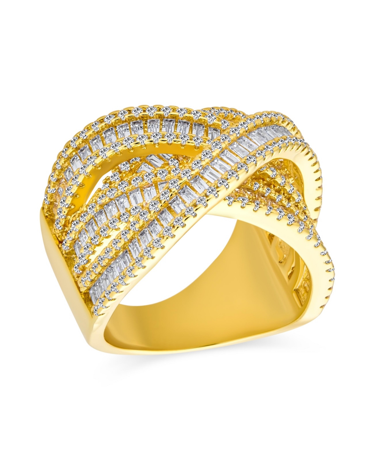 Bling Jewelry Pave Cz Crossover Criss Cross Costume Faux Stacking Wide Statement Cocktail 4 Row Baguette Multi Band Ring For Women 14KGold Plated - Go