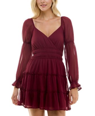 Trixxi - Juniors' Sheer-Sleeve Elastic-Waist Tiered Dress