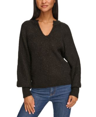 Karl Lagerfeld Paris Women's Metallic Split-Neck Sweater