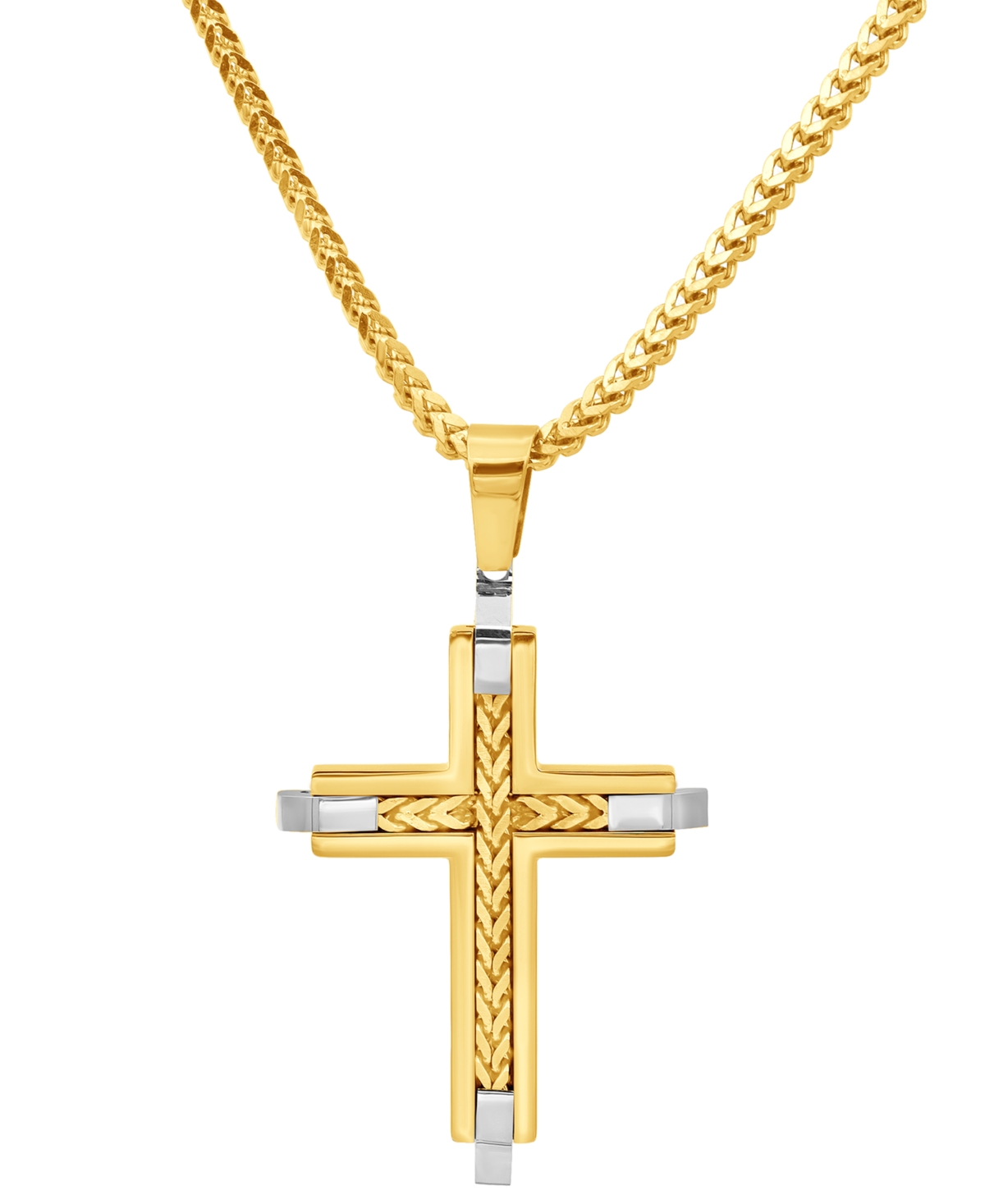 Blackjack Men's Franco Link Inlay Cross Pendant Necklace In Sterling Silver & Yellow Ion-plated Stainless Stee In Gold-tone