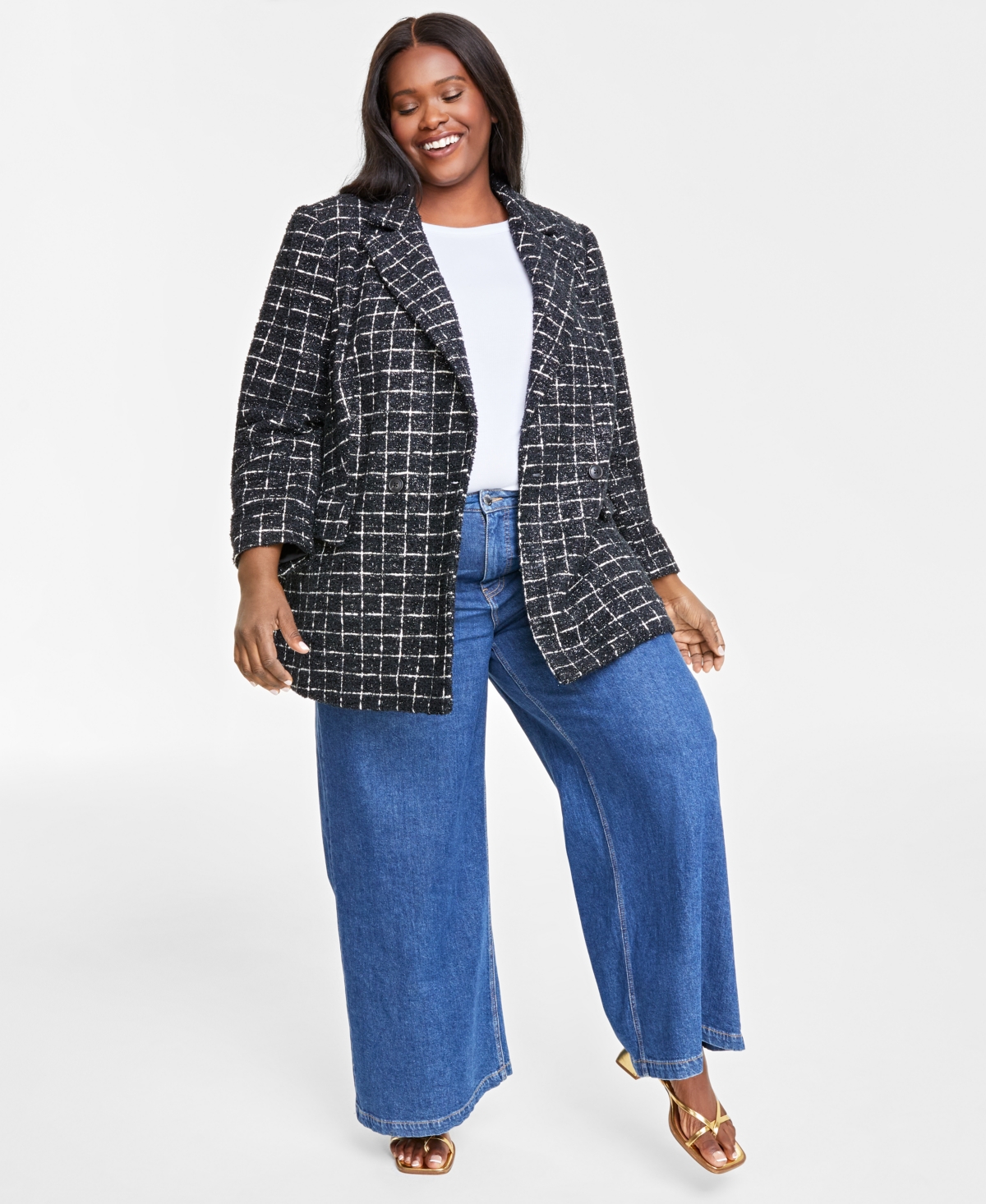 On 34th Plus Size Metallic Plaid Tweed Blazer, Created For Macy's In Black Combo