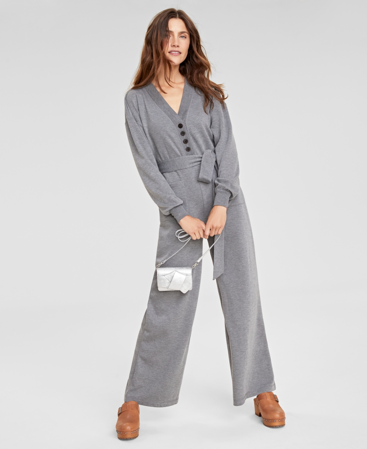On 34th Women's Knit Wide-leg Jumpsuit, Created For Macy's In Med Grey Heather