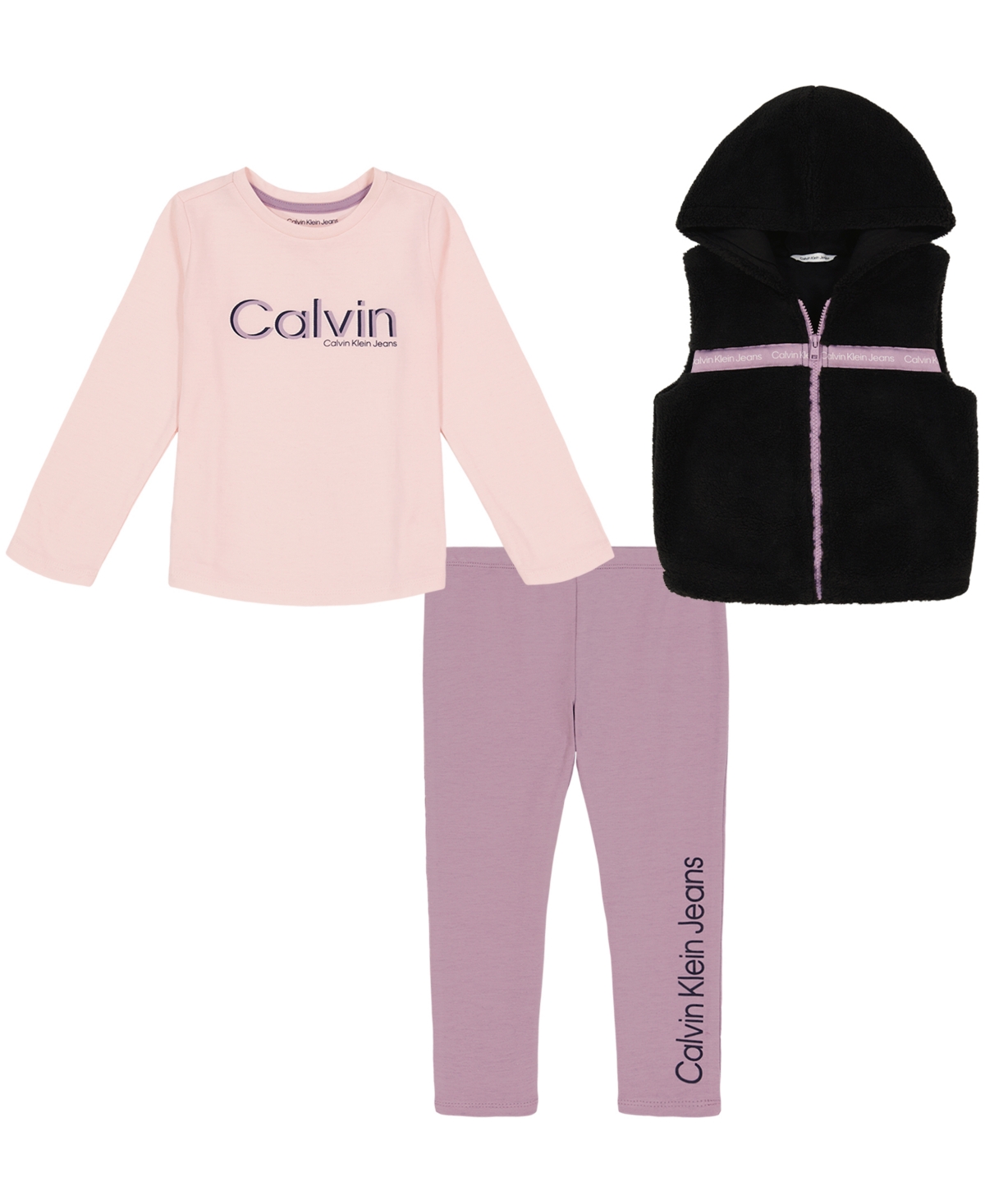 Calvin Klein Babies' Toddler Girls Hooded Sherpa Vest With Logo T-shirt And Leggings, 3 Piece Set In Black