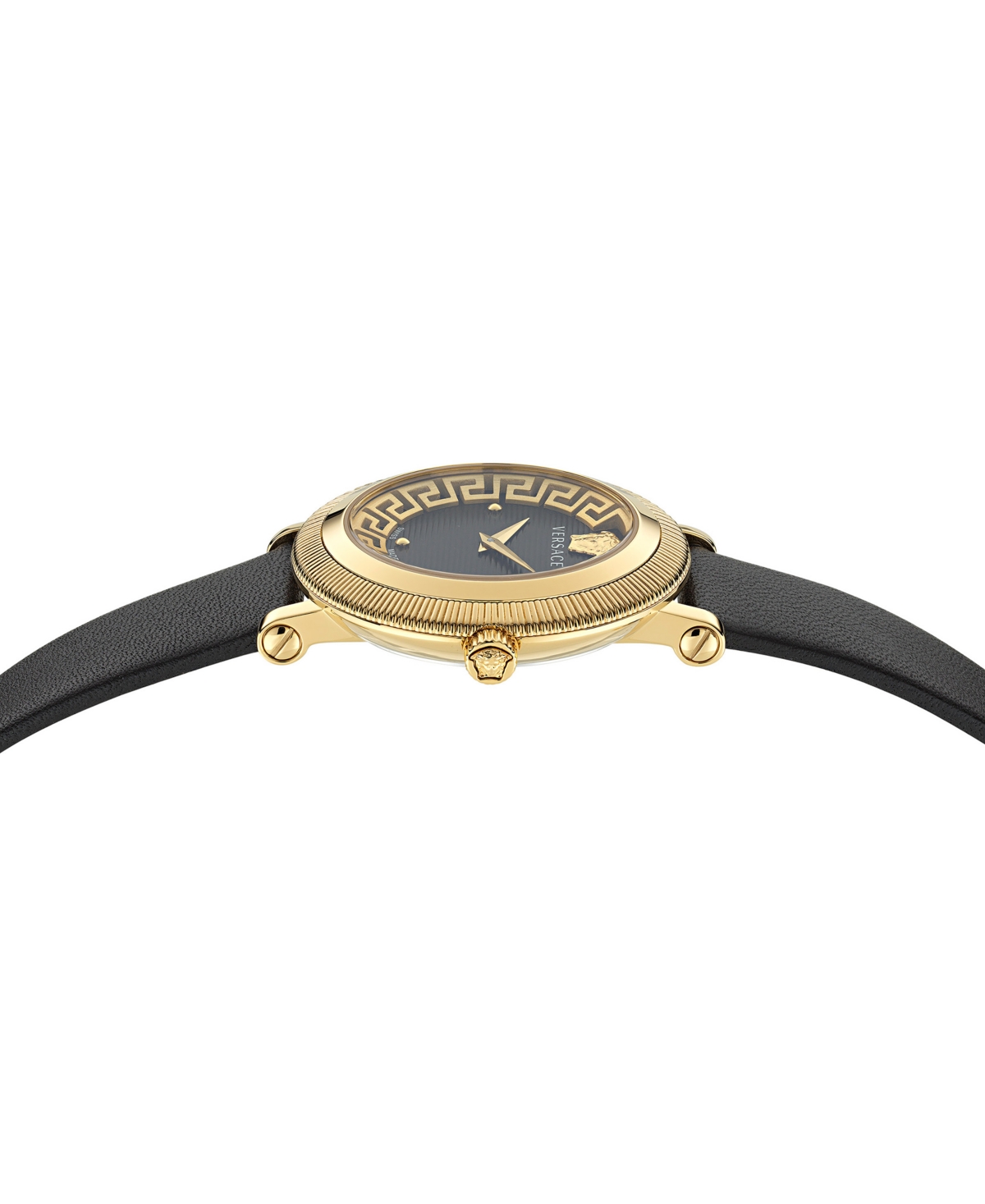 Shop Versace Women's Swiss Greca Flourish Black Leather Strap Watch 35mm In Ip Yellow Gold