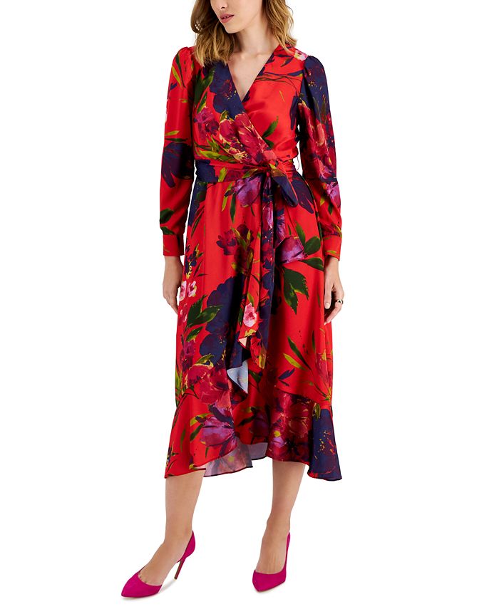 Tahari ASL Women's Floral Faux-Wrap Long-Sleeve Midi Dress - Macy's