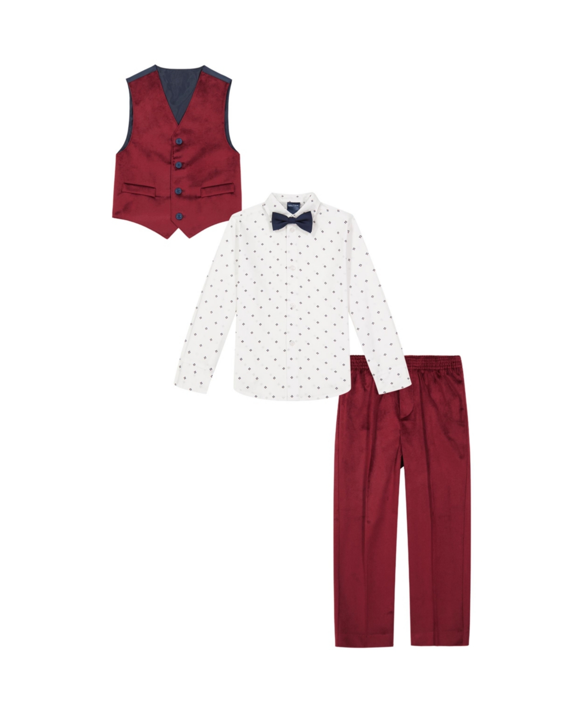 Shop Nautica Little Boys Burgundy Velvet Vest, Pant, Pattern Shirt And Bow-tie, 4 Piece Set In Dark Red
