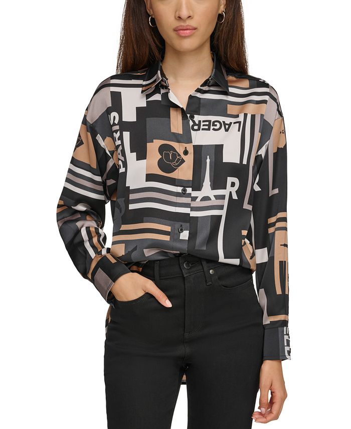 KARL LAGERFELD PARIS Women's Printed Button-Down Blouse - Macy's