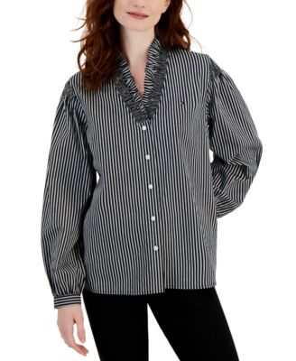 Tommy Hilfiger - Women's Cotton Striped Ruffle-Neck Button-Up Top