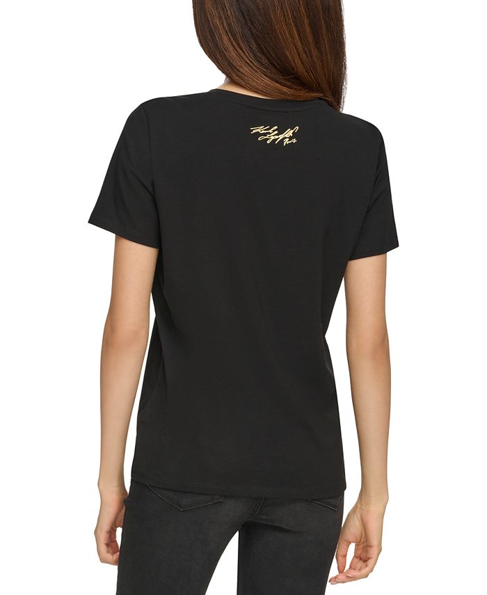 KARL LAGERFELD PARIS Women's Metallic Logo Print T-Shirt - Macy's