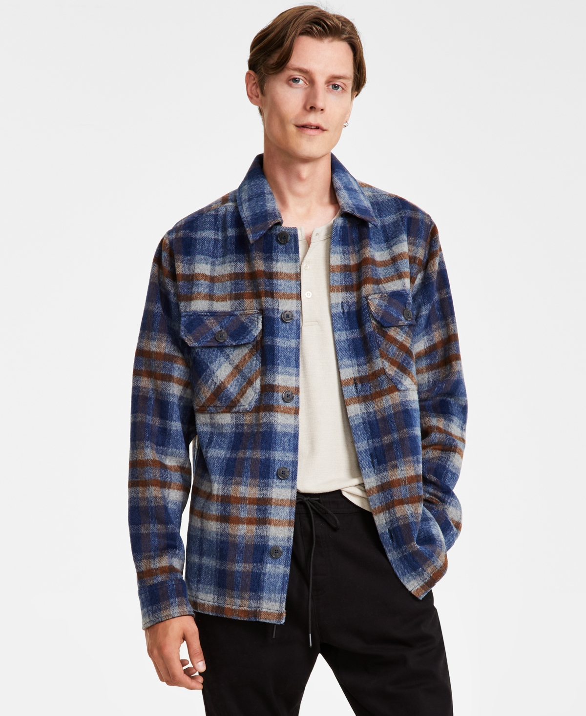 Men's Regular-Fit Plaid Shirt Jacket, Created for Macy's - Dk Horizon