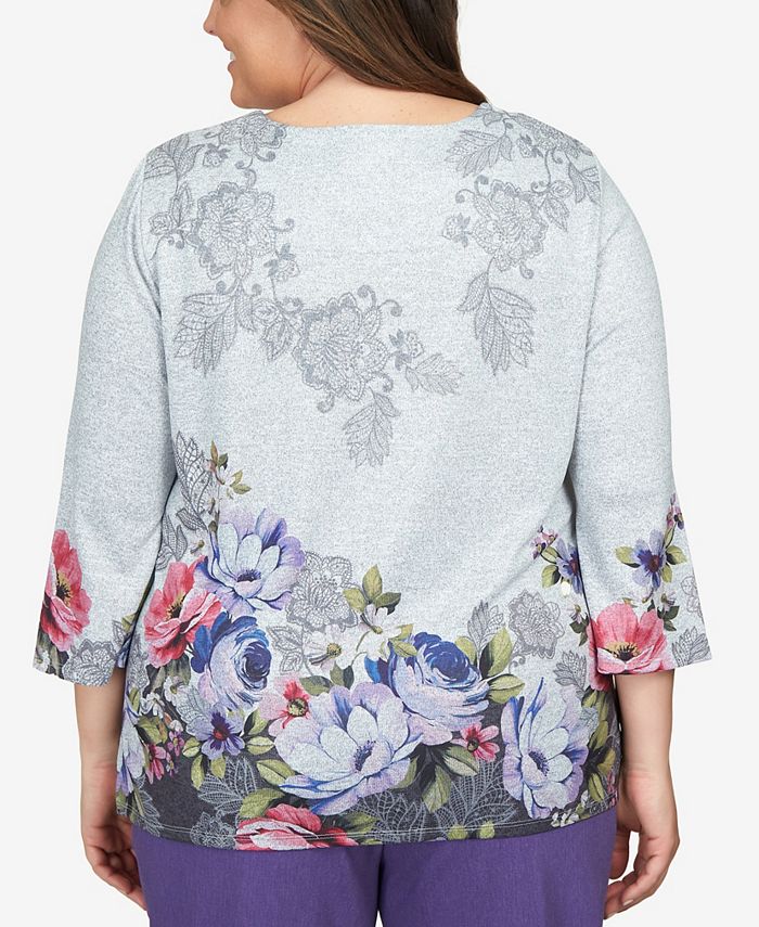 Alfred Dunner Plus Size Point of View Lacey Floral Border Melange Top ...
