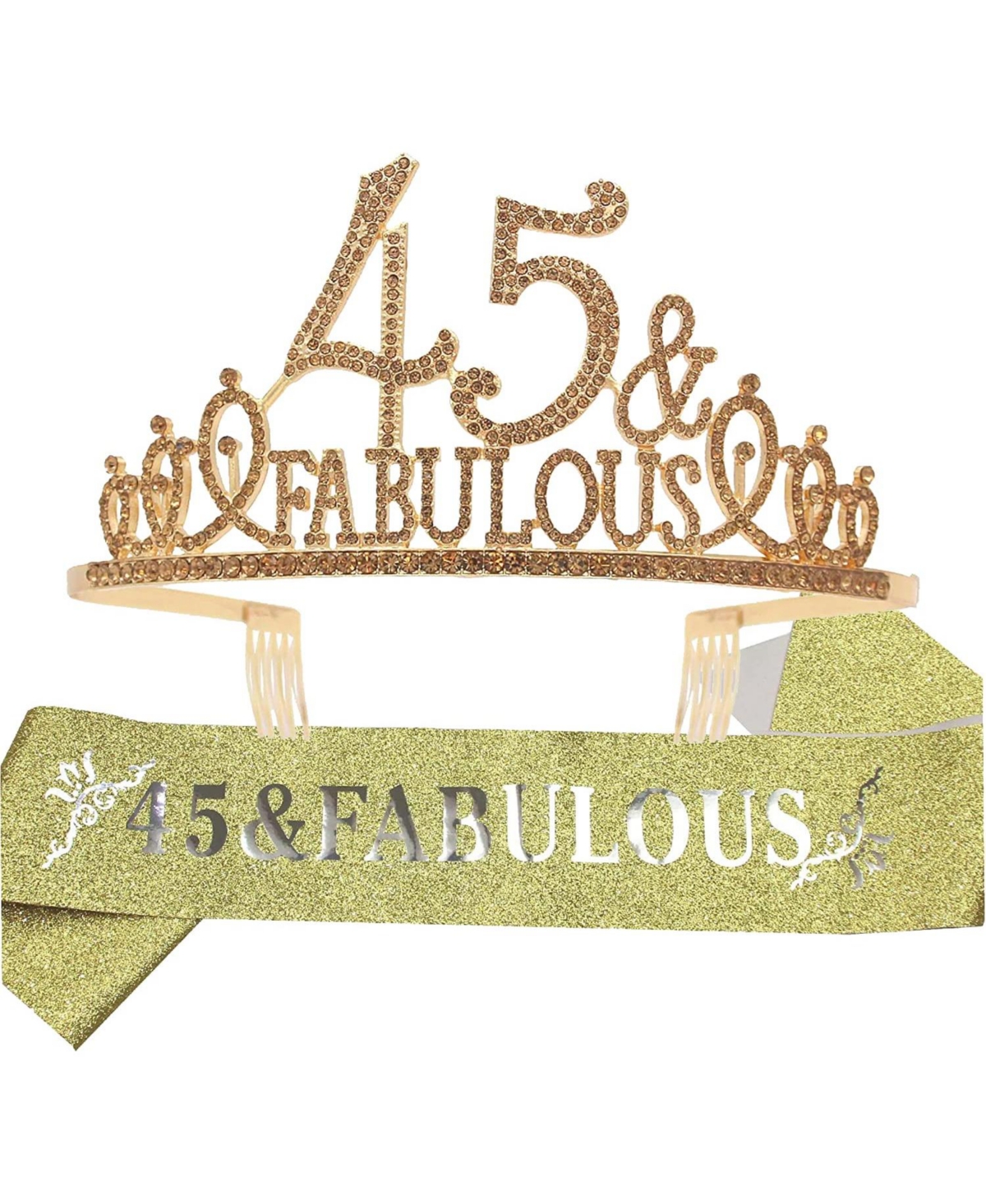 45th Birthday Sash and Tiara Set for Women - Glittery Sash and Sparkling Rhinestone Metal Tiara, Perfect 45th Birthday Party Gifts and Accessories - S