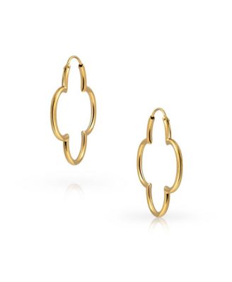 Simple Clover Flower Shaped Thin Tube Endless Hoop Earrings Sterling Silver 1.5 In Diameter