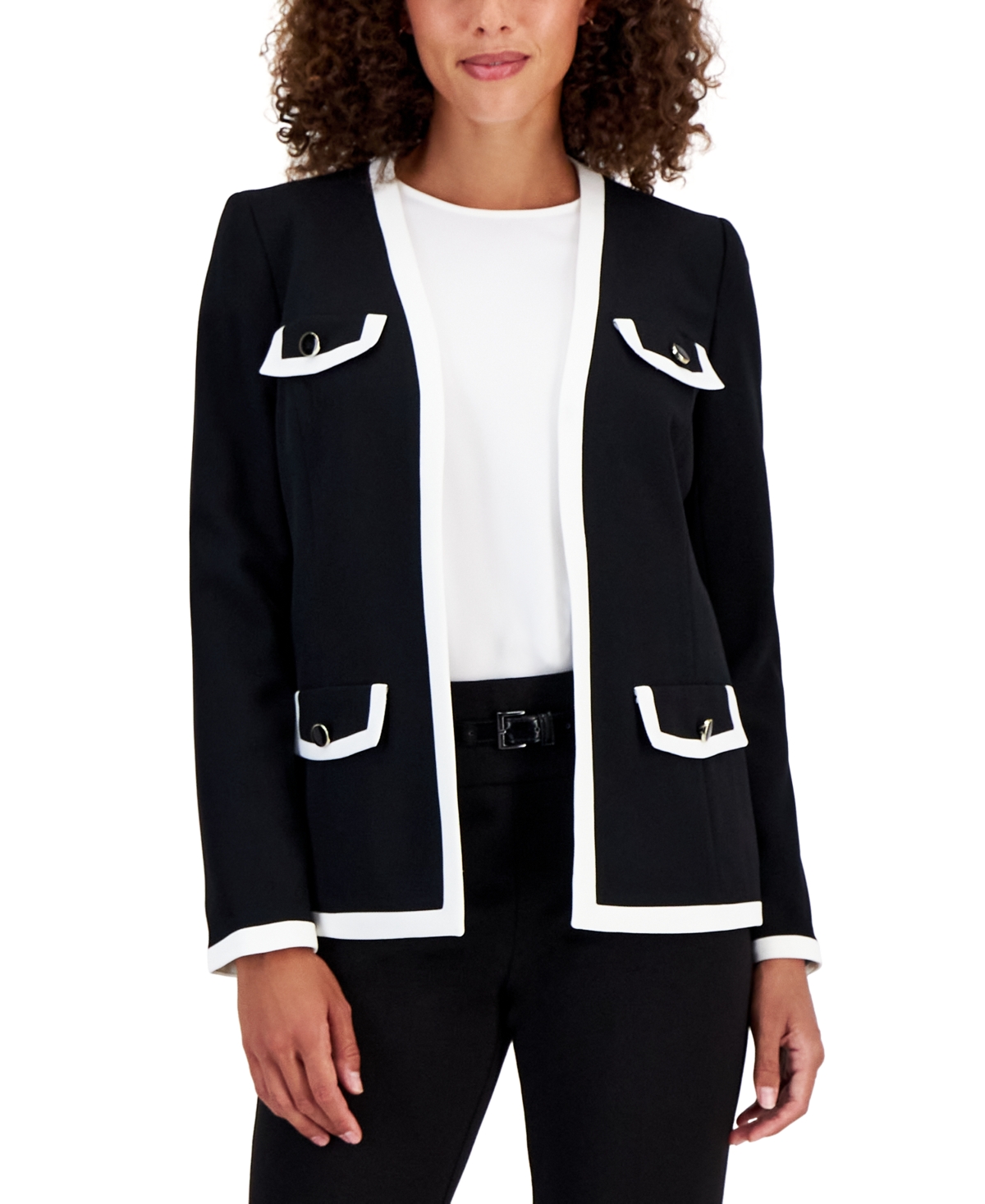 Kasper Plus Size Tipped Collarless Open-front Jacket In Black,vanilla Ice