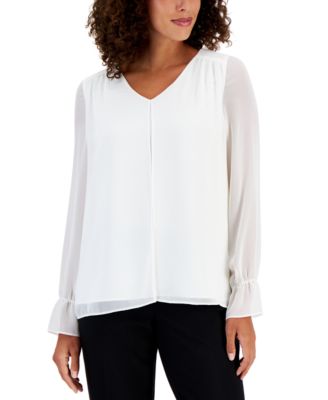 Kasper - Petite V-Neck Split-Front Double-Layer Chiffon Top