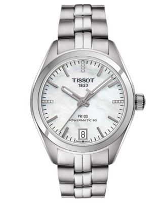 Tissot - Women's Swiss Automatic PR 100 Powermatic 80 Diamond Accent Stainless Steel Bracelet Watch 33mm