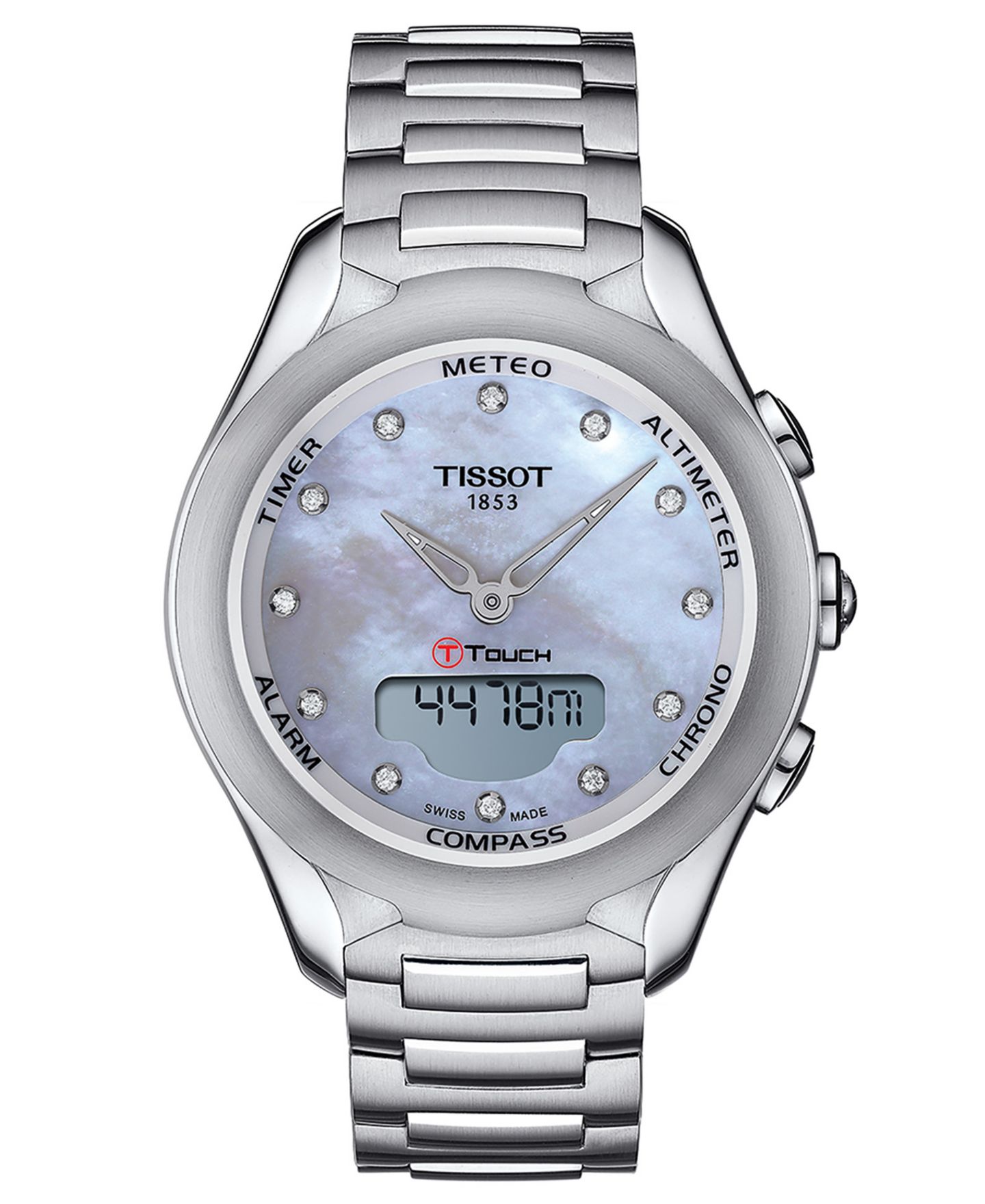 Женские часы Tissot Swiss Digital T-Touch Lady Solar Diamond (1 ct. t.w.) Stainless Steel Bracelet Watch 40mm — фото 1