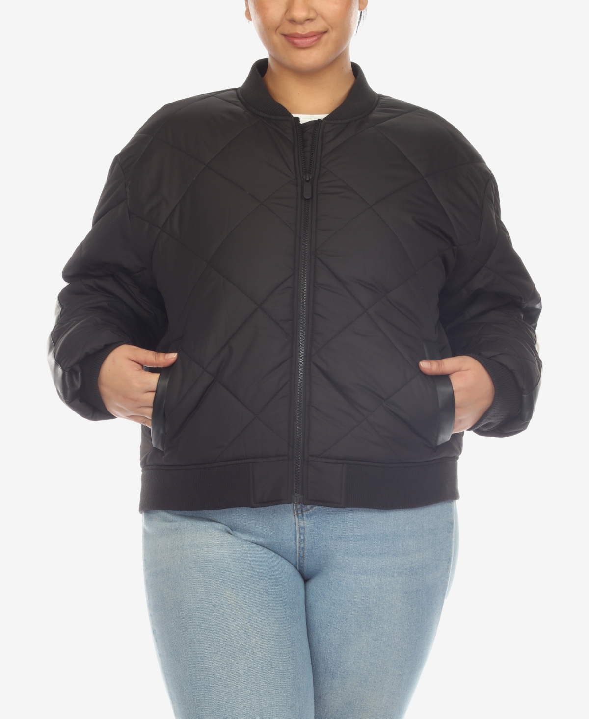 Plus Size Diamond Quilted Puffer Bomber Jacket - Gray