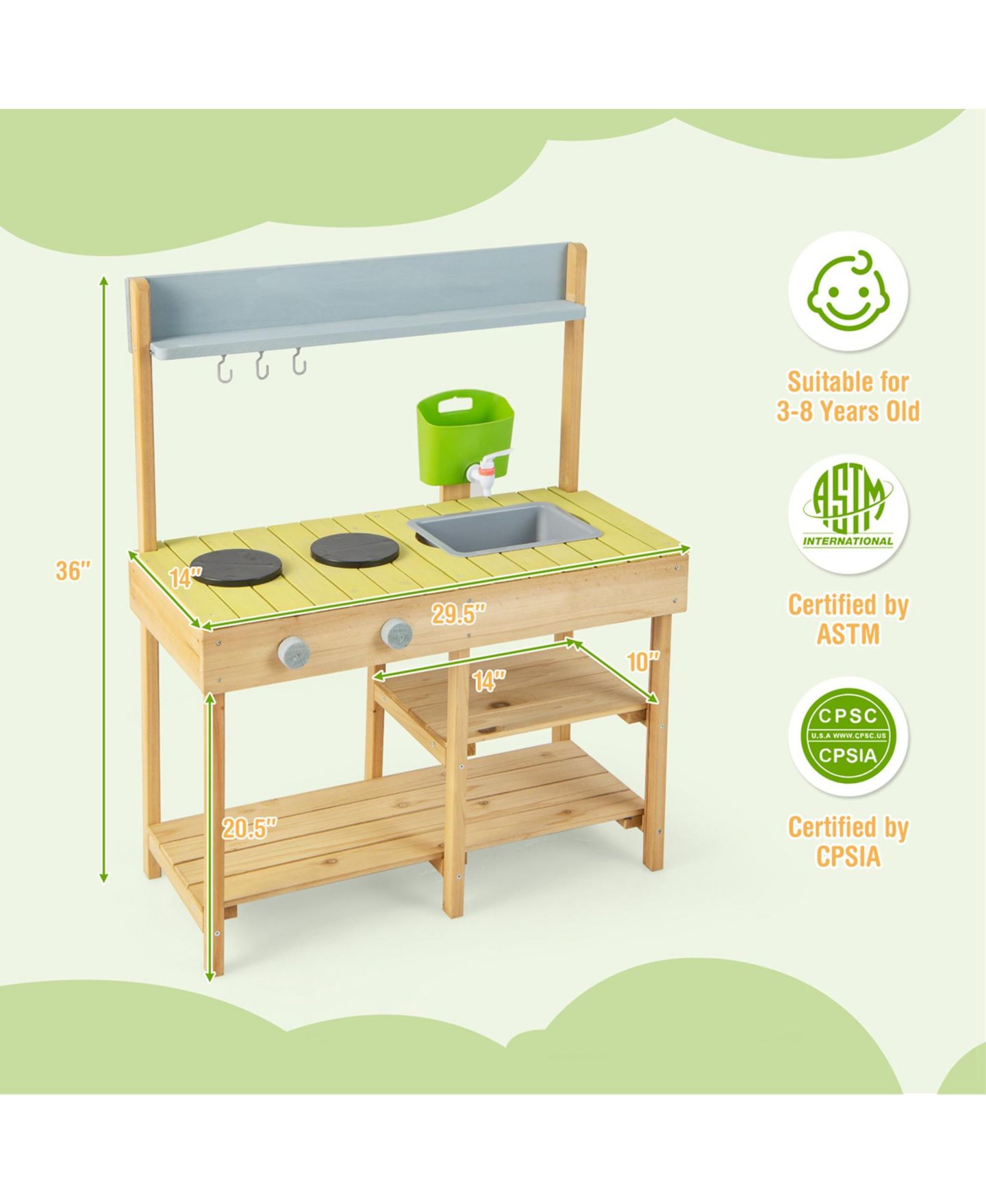 Детская игрушка Costway Removable Water Box Wooden Outdoor Mud Kitchen, 1-Piece, от 3 лет, цвет: Натуральный — фото 10