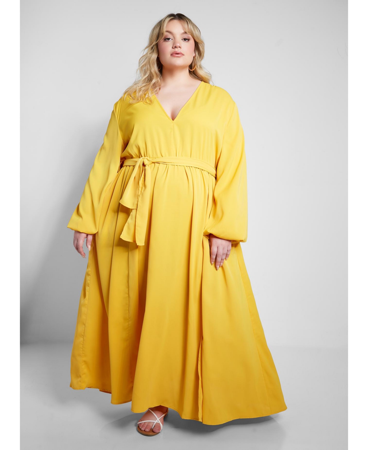 Rebdolls Plus Size V Neck Maxi Skater Dress In Mustard