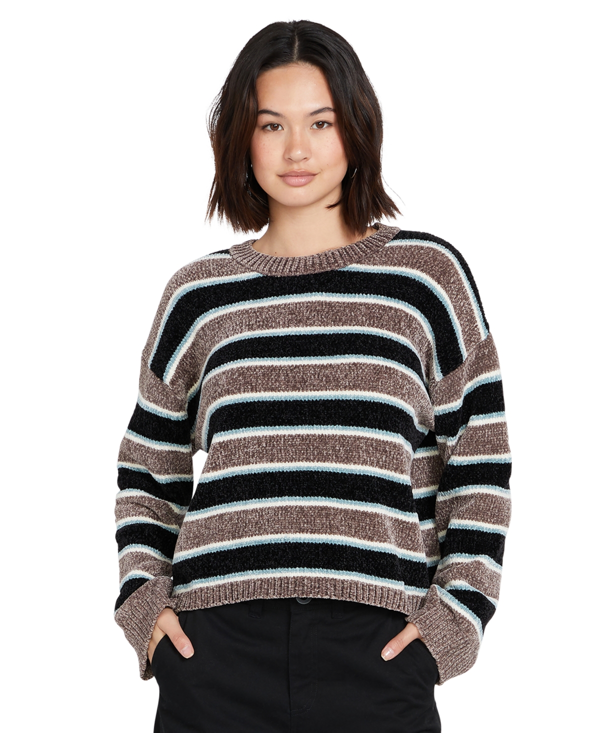 Volcom Juniors Bubble Tea Striped Sweater Slate Grey Smart Closet