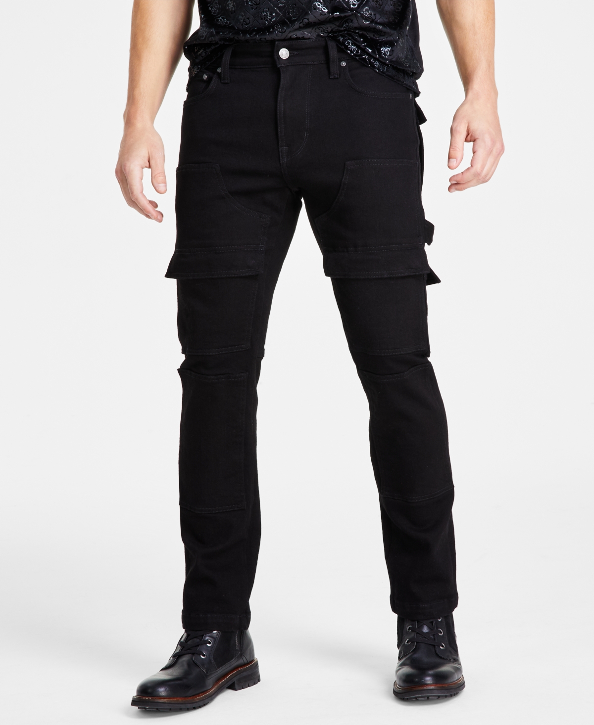 Guess Men's Utility Cargo Jeans In Rinsed Black