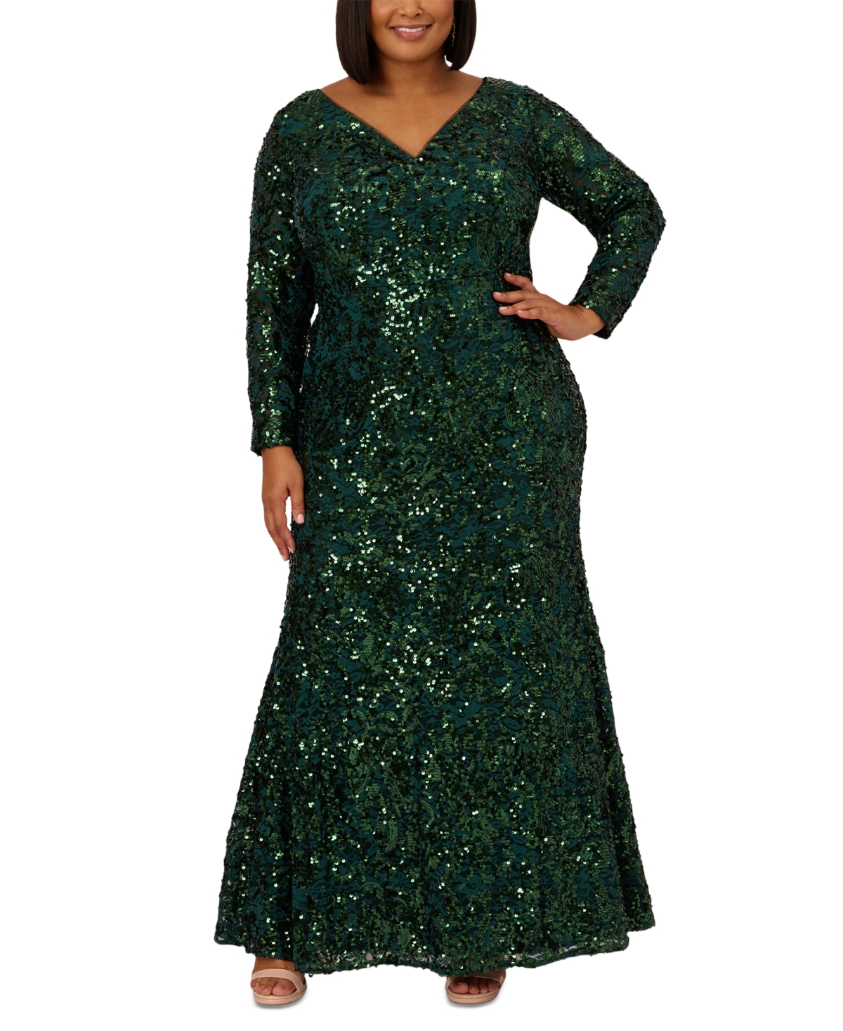 ADRIANNA PAPELL PLUS SIZE SEQUINED LACE V-NECK GOWN