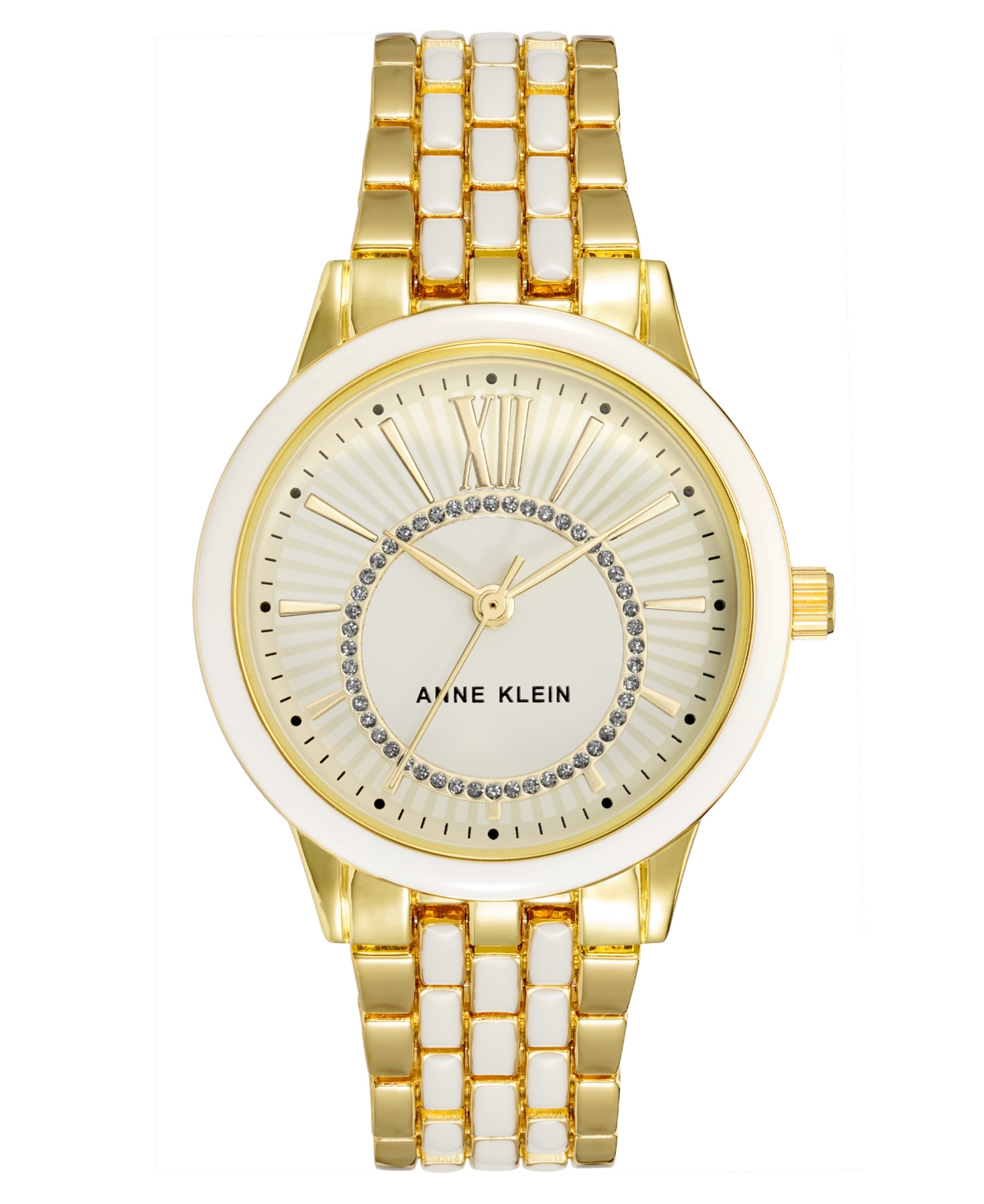 Anne Klein Women's Three Hand Quartz White Enamel And Gold-tone Alloy Bracelet Watch, 32mm In White-gold-tone