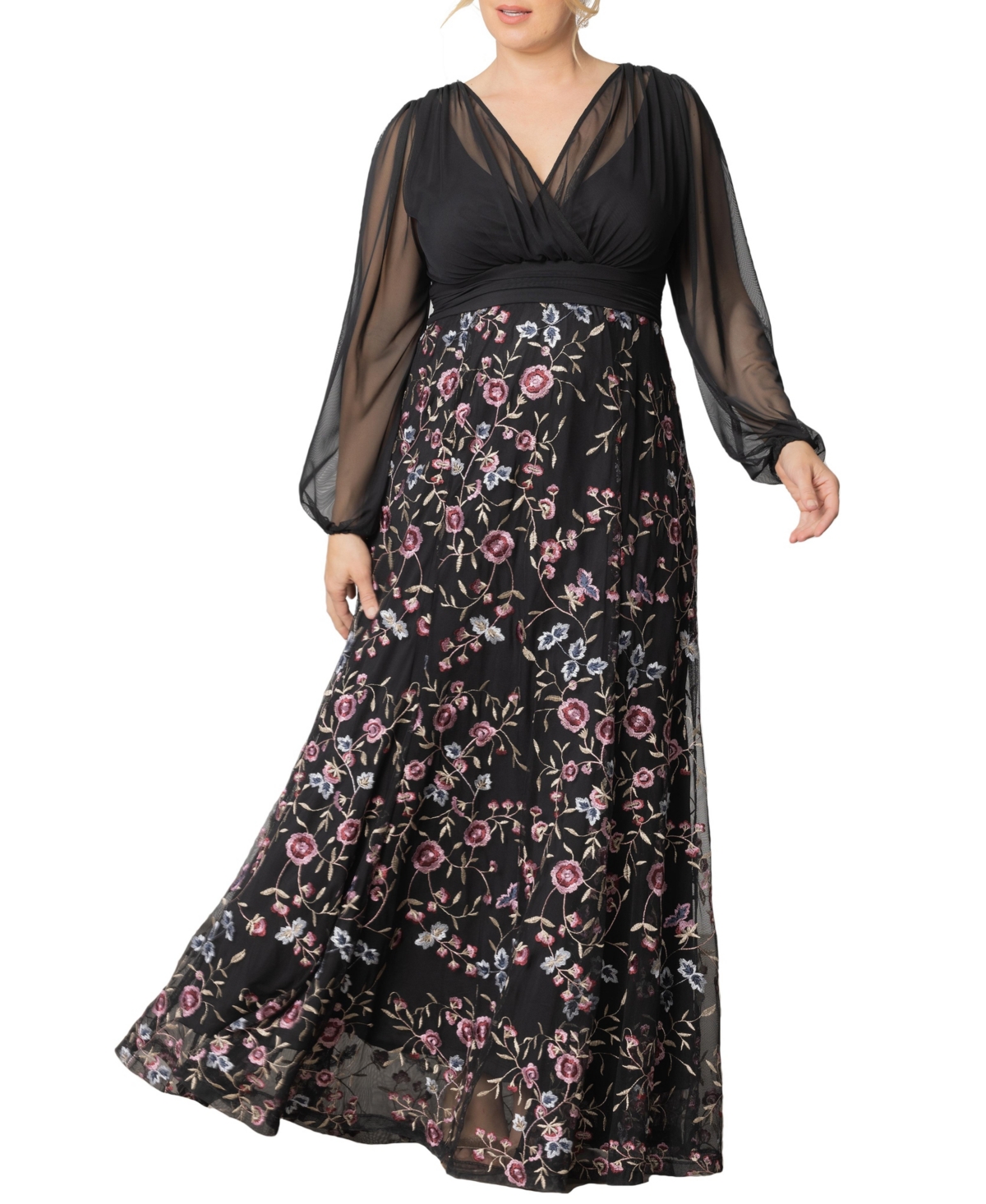 Plus Size Isabella Embroidered Mesh Formal Gown - Moonlit garden