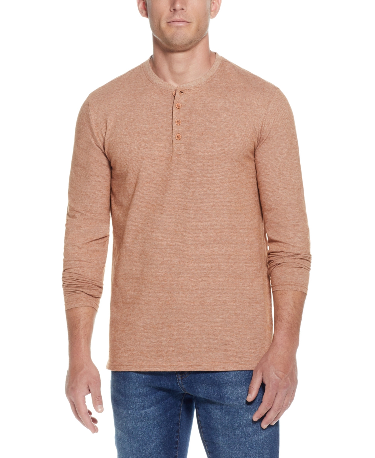 Men's Long Sleeved Microstripe Henley T-shirt - Caramel Cafe
