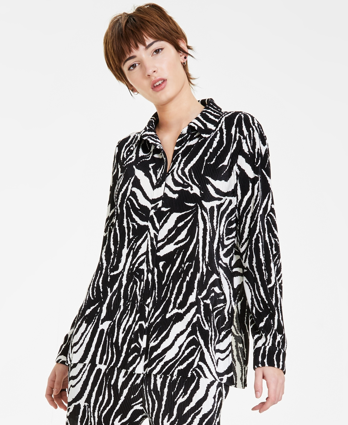 Bar Iii Women's Printed Plisse Relaxed Shirt, Created For Macy's In Chelsea Zebra A