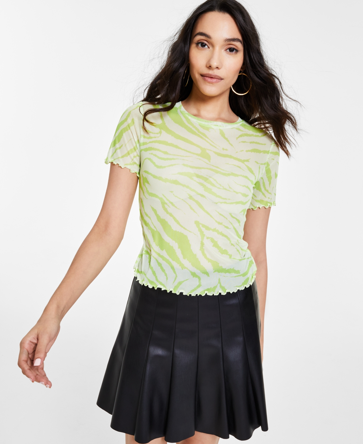 Women's Printed Mesh Lettuce-Edged T-Shirt, Created for Macy's - Chelsea Zebra C