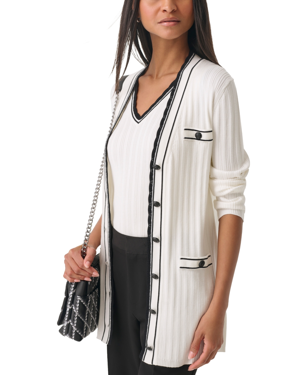 Karl Lagerfeld Paris Women's Lace-Trim Cardigan Sweater - Black